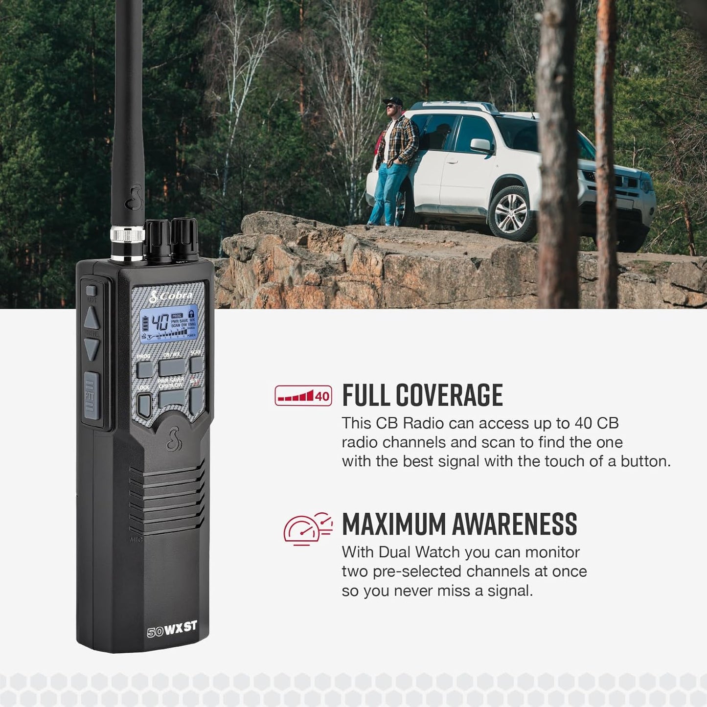 Cobra HHRT50 Road Trip CB Radio - 2-Way Handheld Emergency Radio with Access to Full 40 Channels & NOAA Alerts, Rooftop Magnet Mount Antenna and Omni-Directional Microphone, Black, 6.3" x 2" x 1.75"