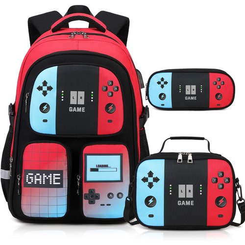 Gamer Backpack for Boys , 3PCS Boys Backpack with Lunch Box & Pencil Pouch, Waterproof School Bags for Boy Kids Children Teens, Elementary Middle School, Kids Book Bag Casual Daypack (Red Black)