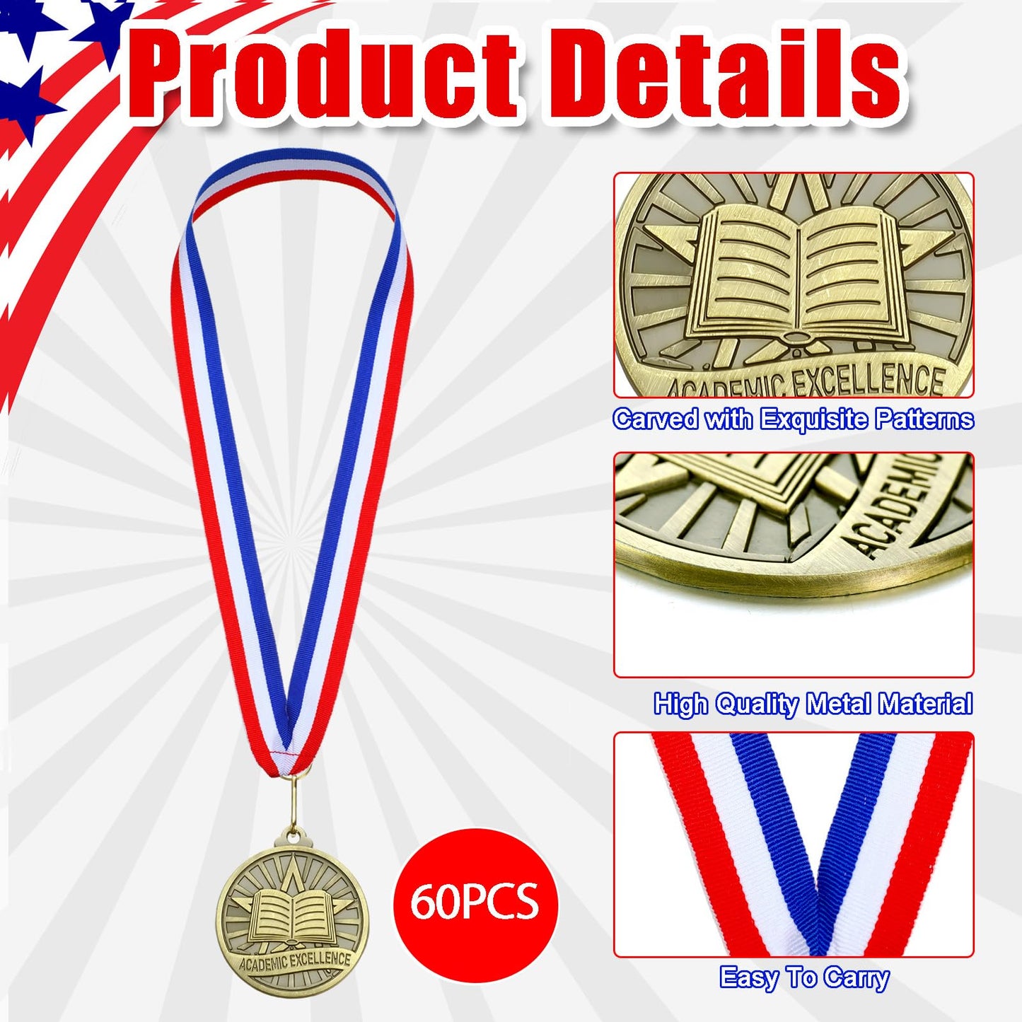 Quelay 60 Pcs 2 Inches Bulk Award Medals Metal Winner Medals with Neck Ribbons for Competitions Graduation School Party Adults Tournaments Trophy Award Prize Gift(Academic Excellence)