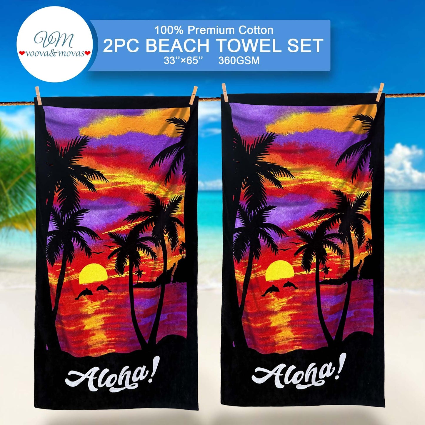 VOOVA & MOVAS Palm Sunset Beach Towels 2 Pack, 33"X65" Cotton Lightweight, Ultra Soft Absorbent Terry Towels for Adults Teens, Swim Pool Beach Camping Travel Gift