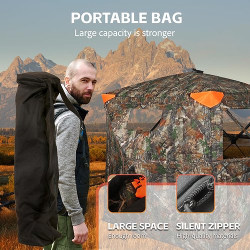 FUNHORUN Hunting Blind 360 Degree See Through Double Door Ground Blind for Hunting, 2/3 Person Pop Up Portable 58" Camouflage Deer/Turkey Tent with Blaze Orange Safety Panels