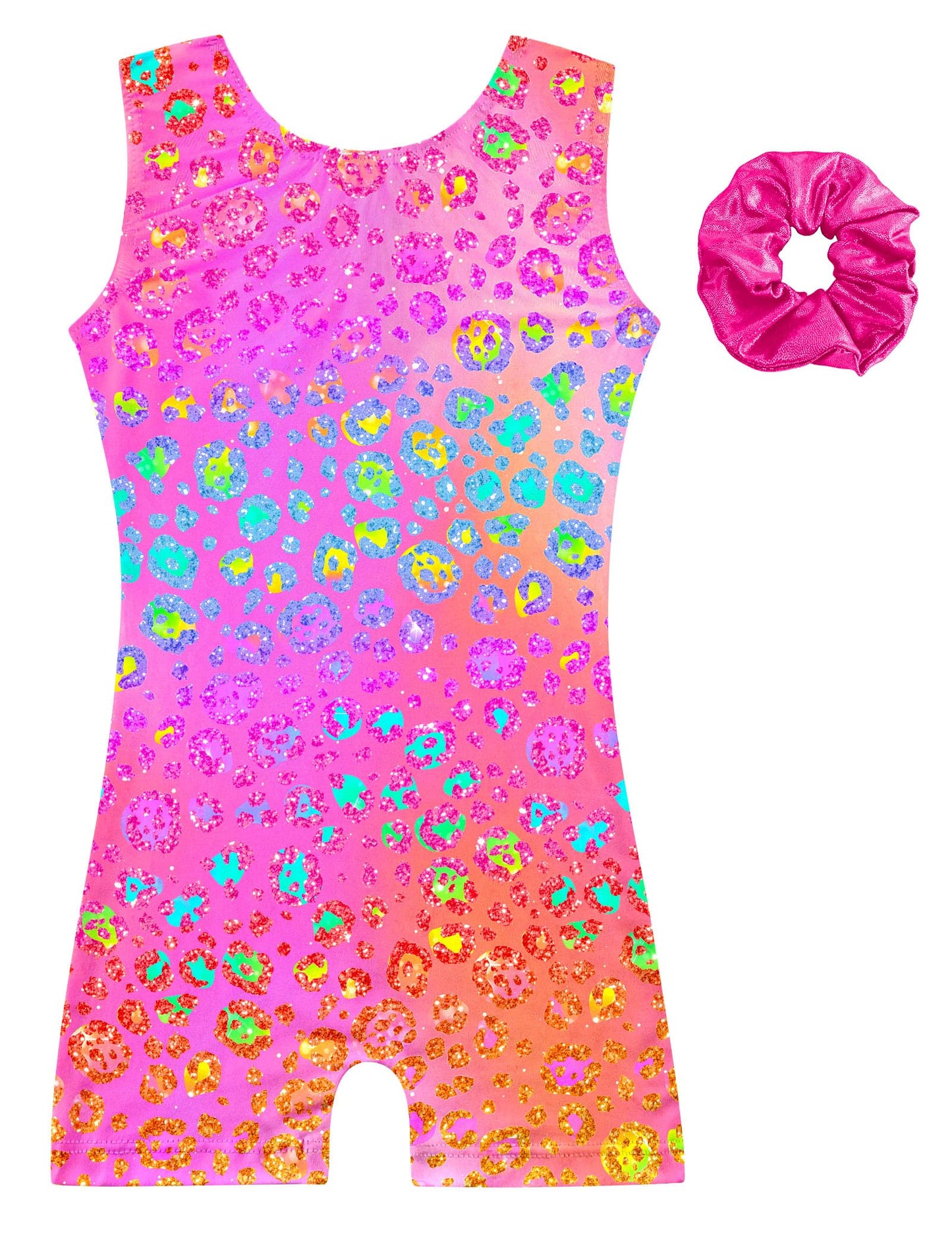 Alikhonf Leotard for Girls Gymnastics 3t 4t Sparkly Pink Leopard Sleeveless Unitard with Bow Back Matching Rose Hair Scrunchie