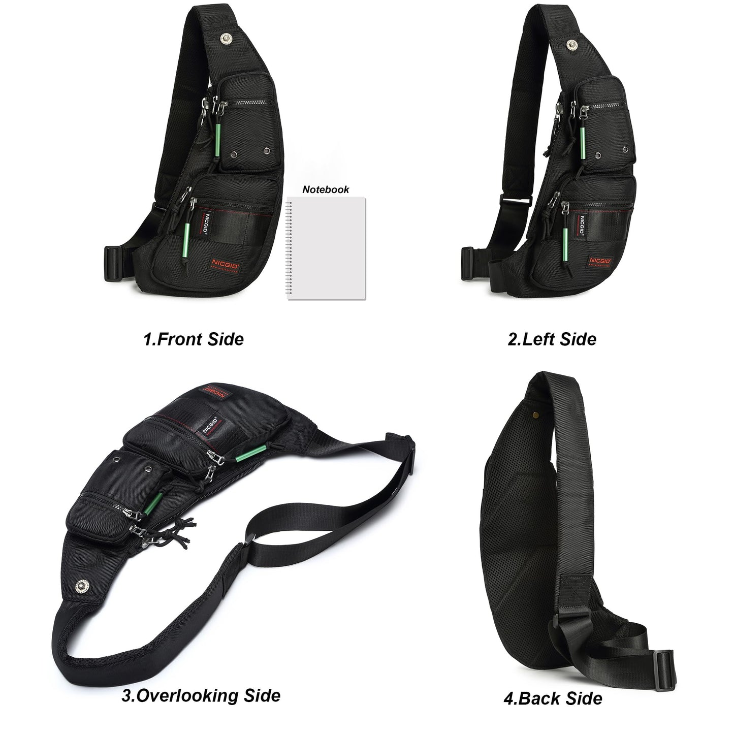 NICGID Sling Bag Chest Shoulder Backpack Crossbody Bags Casual Daypack for Men Women (Black-2854)