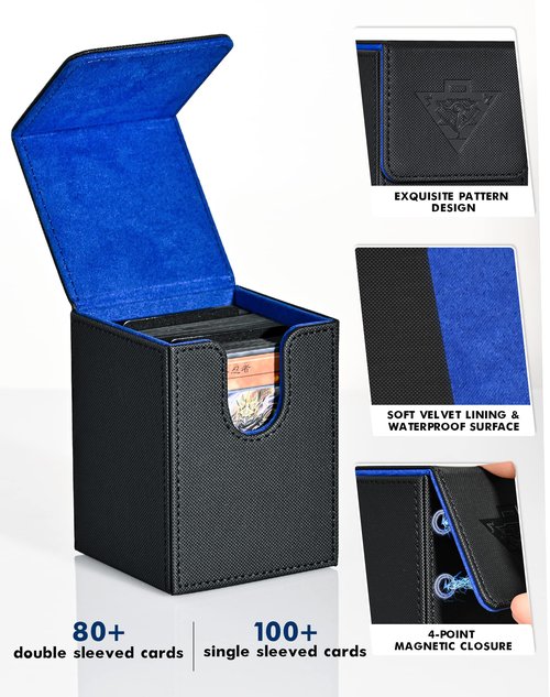 ZLCA Card Deck Box for MTG Yugioh TCG, Card Storage Box with Dividers Holds 100+ Sleeved Cards, Premium Card Deck Case Compatible with CCG Trading Cards (Black&Blue,Puzzle)
