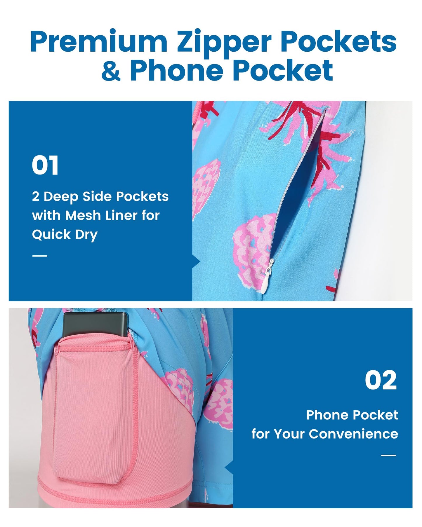 maamgic Mens Swim Trunks with Compression Liner 5 Inch, Quick Dry Bathing Suit with Zipper Pockets, Stretch No-Chafing Swim Shorts, Blue-Pink Pineapple Large