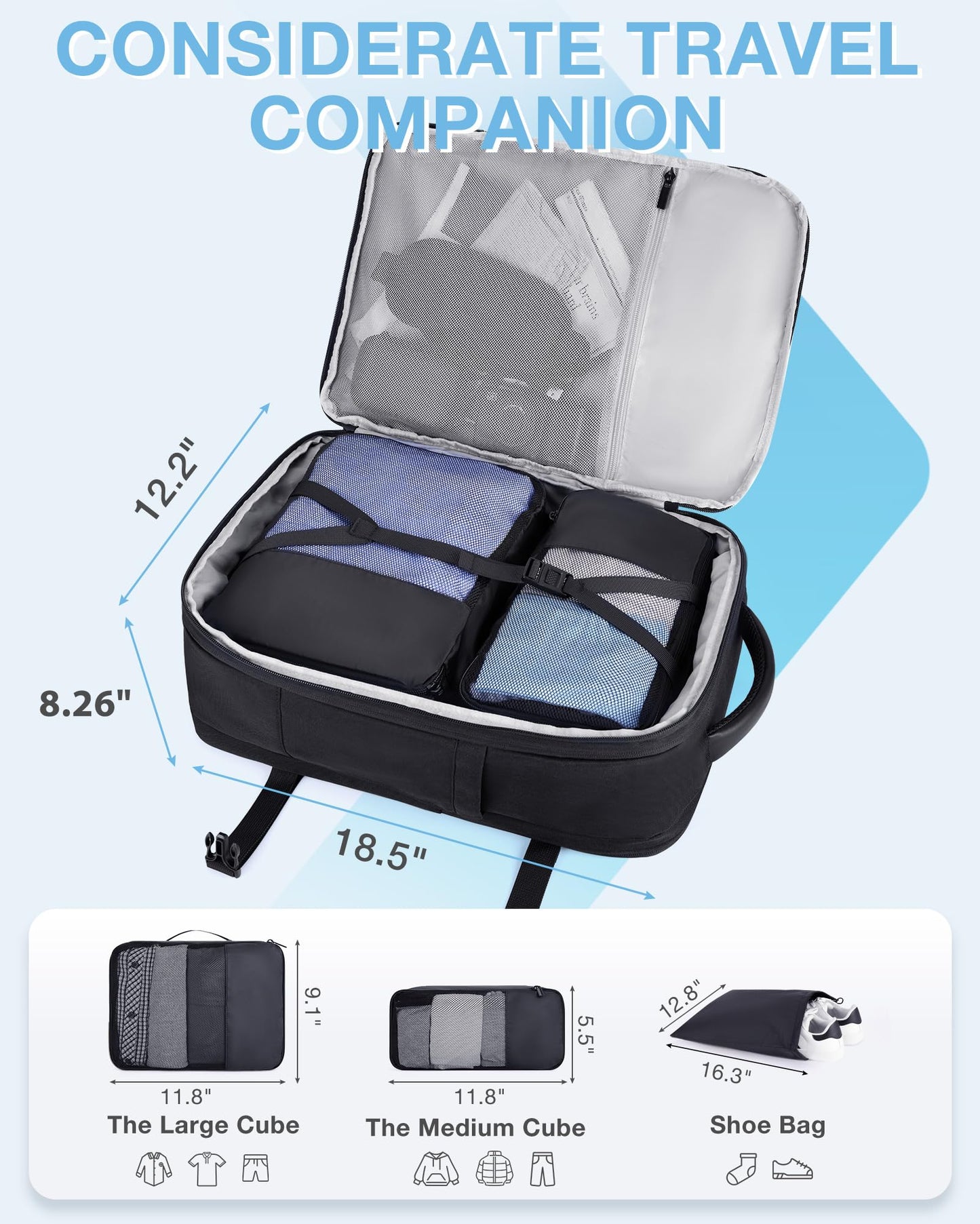 BAGSMART 40L Black Travel Laptop Backpack with Packing Cubes and Shoe Bag
