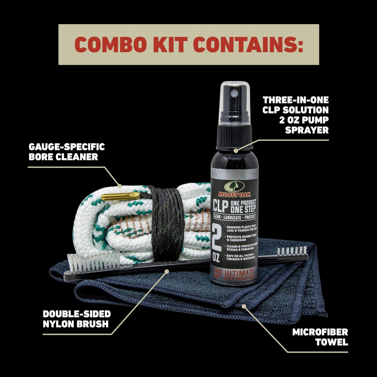 Mossy Oak CLP Shotgun Combo Kit - All-Inclusive Shotgun Maintenance Kit - Gun Cleaning Kit - with Bore Brush, CLP Pump Sprayer, Nylon Brush & Microfiber Towel - 12 Gauge