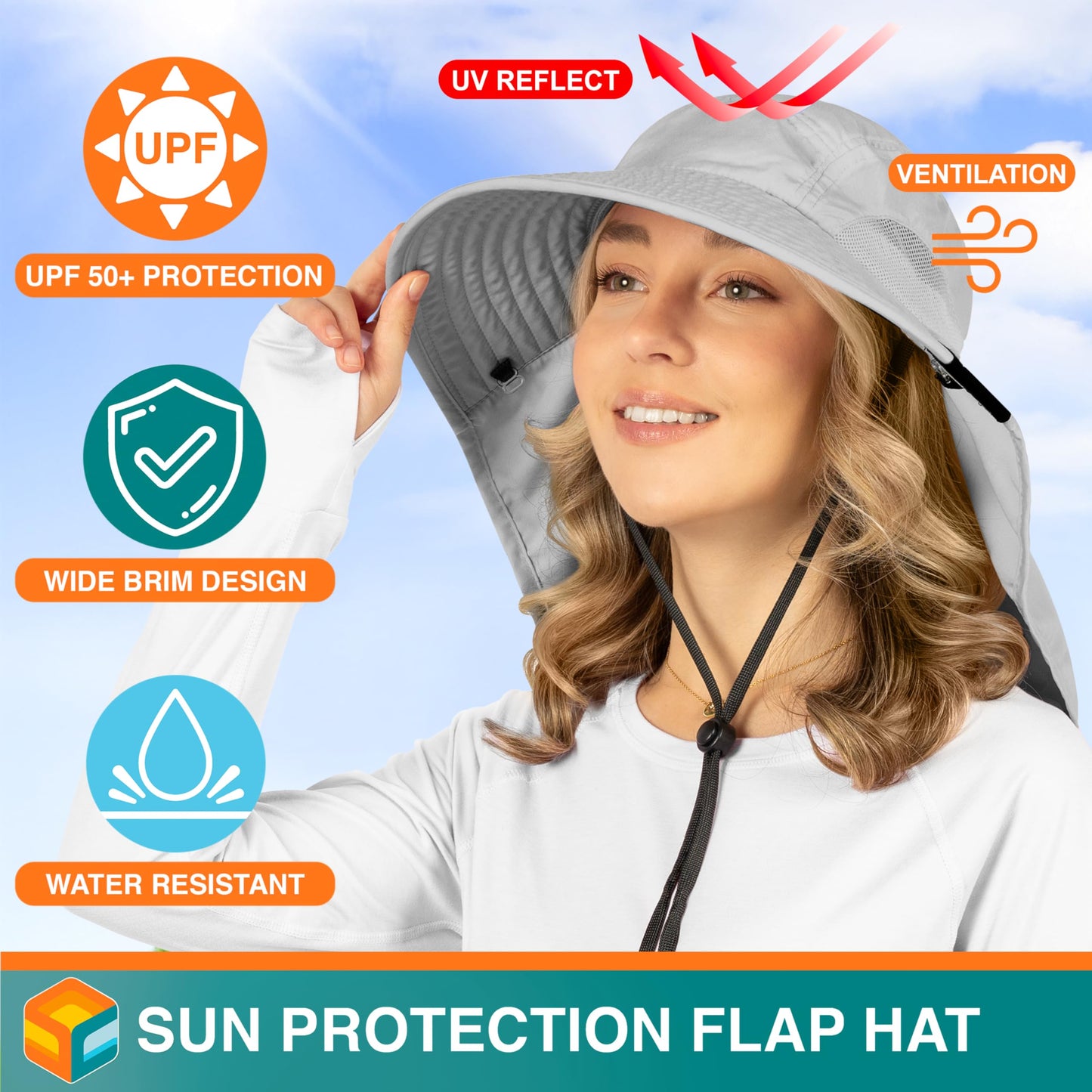 SUN CUBE Wide Brim Sun Hat with Neck Flap for Men Women Fishing, Light Gray