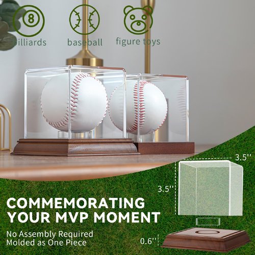 Yandino Baseball Display Case Acrylic Clear Cube Baseball Holder with Wooden Stand Memorabilia Showcase Autograph Ball Display Box UV Protected Wood Base Case for Balls