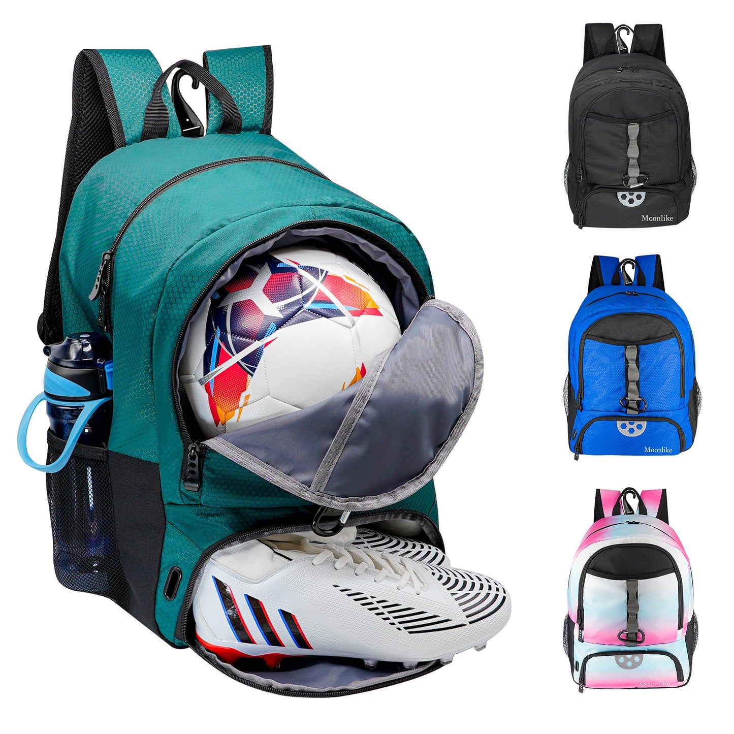 Moonlike Youth Soccer Bag, Soccer Backpack for Football Volleyball Basketball, Backpack with Ball Compartment and Ball Holder (Green)