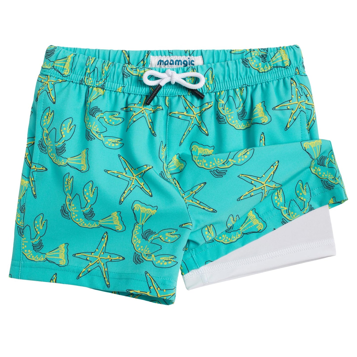 maamgic Boys Swim Trunks with Compression Liner Toddler Boy Swimsuit Quick Dry 4-Way Stretch Swimming Trunks Sea World Light Green 7 Years