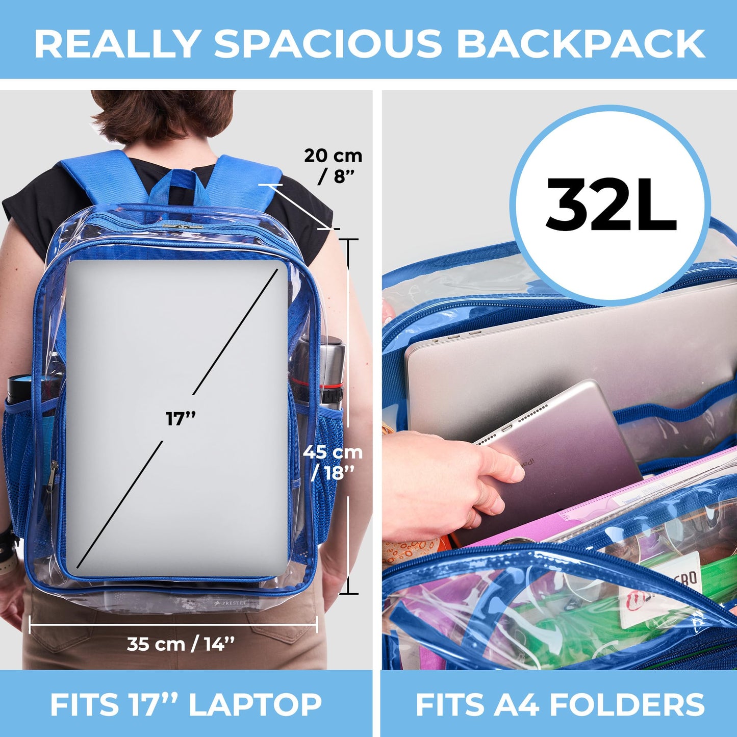 SHYLERO Clear Backpack Heavy Duty has TSA Lock, 2-WAY Zipper. PVC Transparent Backpack Is Extra Large - H18''xW14''xD8 - Blue