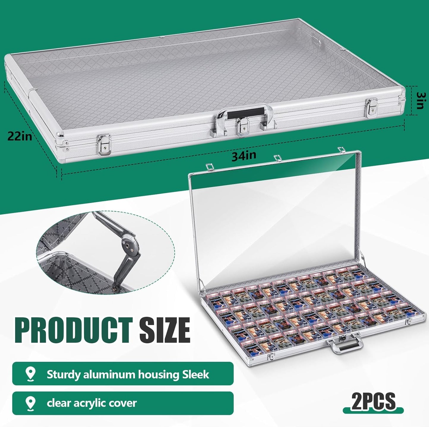 2 Pcs Aluminum Glass Display Case for Cards Trade Show Table Top Portable Sport Card Case with Clear Acrylic Showcase with Lock for Jewelry Craft Collector(32.7 x 22.1 x 3 Inch,Silver)