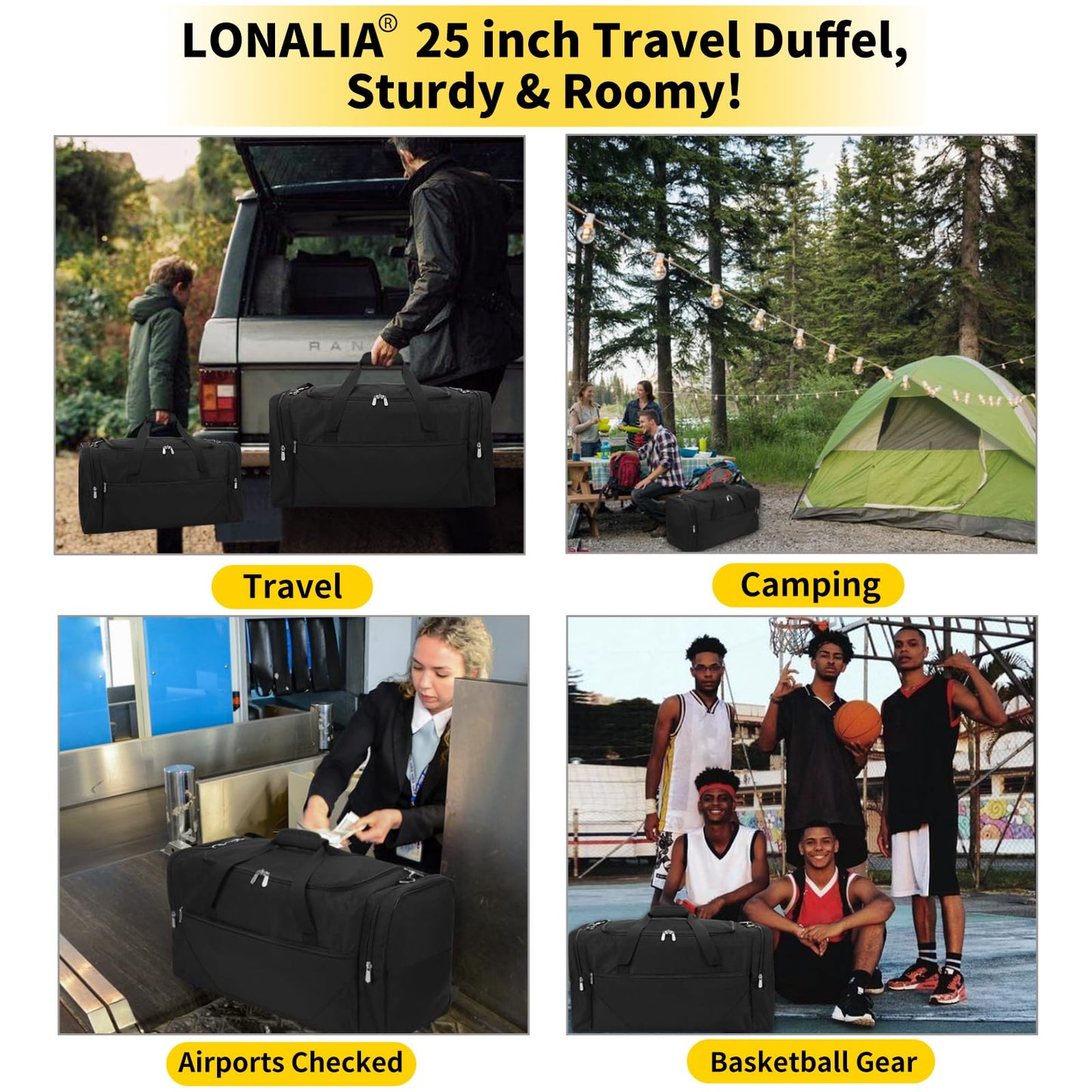 LONALIA 25 in Large Travel Duffel Bag for Men - 56L Roomy Weekender Bag with Trolley Sleeve (Black)