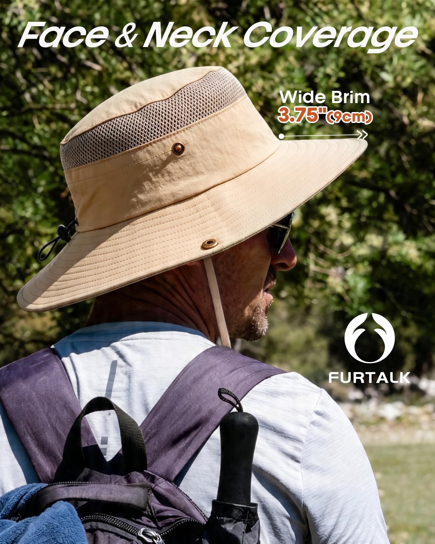 FURTALK Sun Hats for Men Women Fishing Hat UPF 80+ Breathable Wide Brim Hiking Summer UV Protection Bucket Hats Khaki