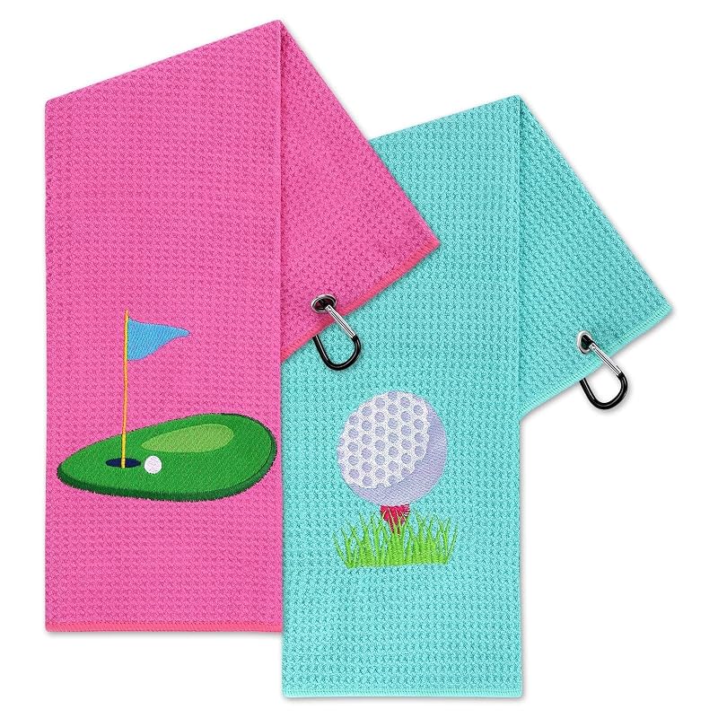 Golf Towels for Women - 2-Pack Microfiber Towel Set with Clips, 15.5 x 23.6 inches