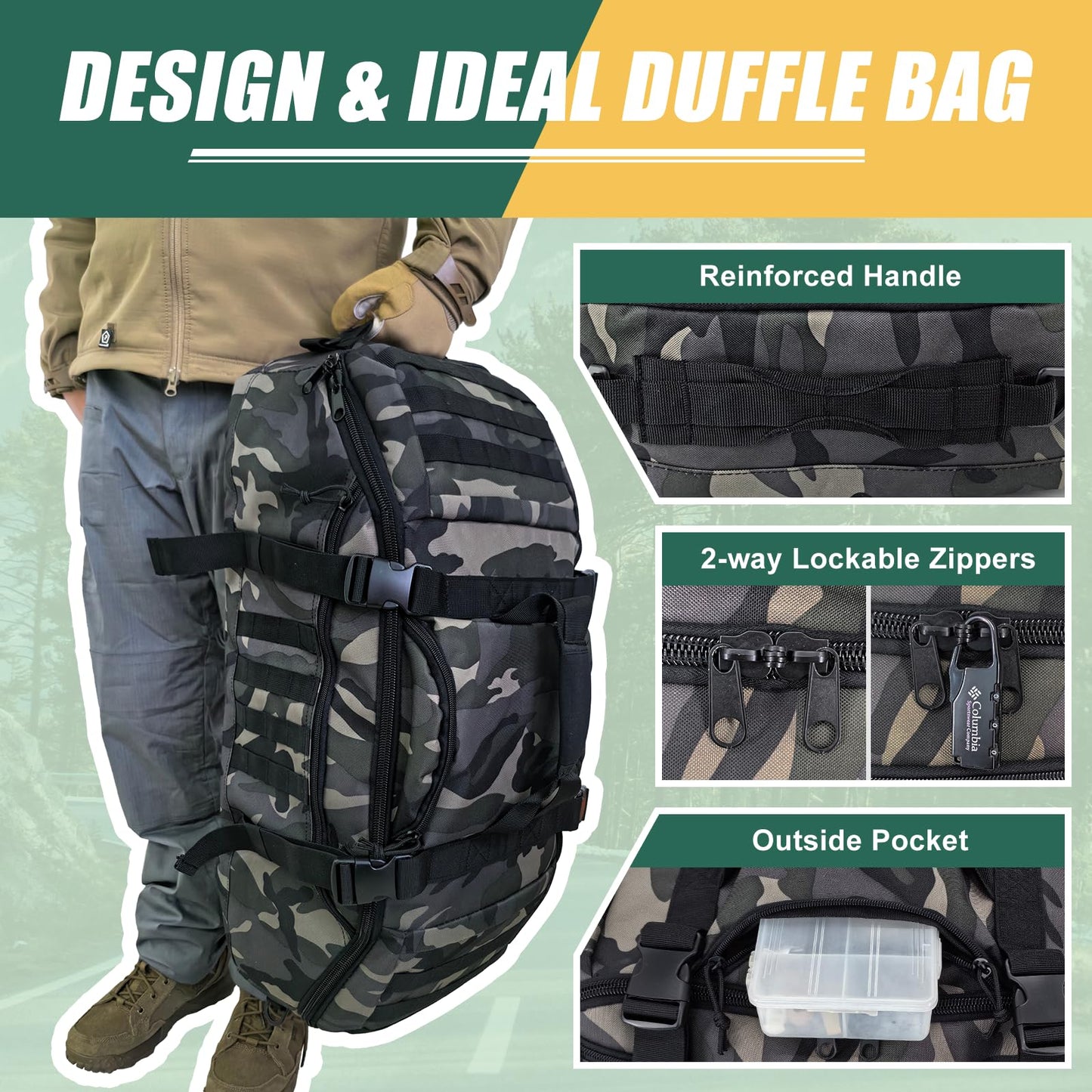 EASY BW 55L Large Travel Gym Duffle Bag Military Tactical Backpack, Army Pack 3 Day Bug Out Bag Rucksack for Outdoor Sport Hiking Camping with Molle System, Black Camo