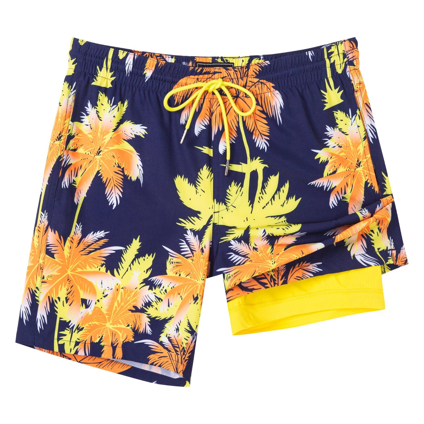 SURF CUZ Mens Swim Trunks with Compression Liner Quick Dry Swim Shorts 7" Swimming Trunks Stretch Bathing Suit Zipper Pockets,05 Sunshine Palmetto,XL