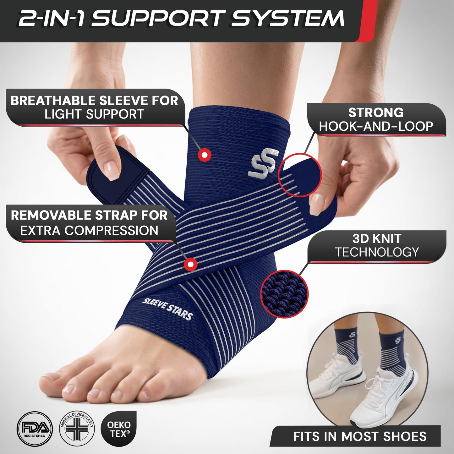 Sleeve Stars Ankle Brace for Women & Men, Ankle Wrap for Sprain, Compression Sleeve for Plantar Fasciitis Relief, Easy Customizable Support: w/ Removable Strap (Single/M:10"-12"/Navy Blue)