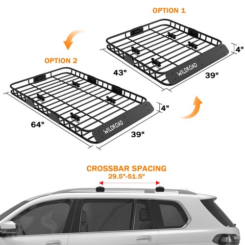 WILDROAD Car Roof Cargo Carrier Combo of Upgraded 64"x 39"x 4" Roof Rack Cargo Basket, Super Duty Bungee Cargo Net. Universal Car Top Luggage Holder Carrier Basket Fits for SUV Truck Cars
