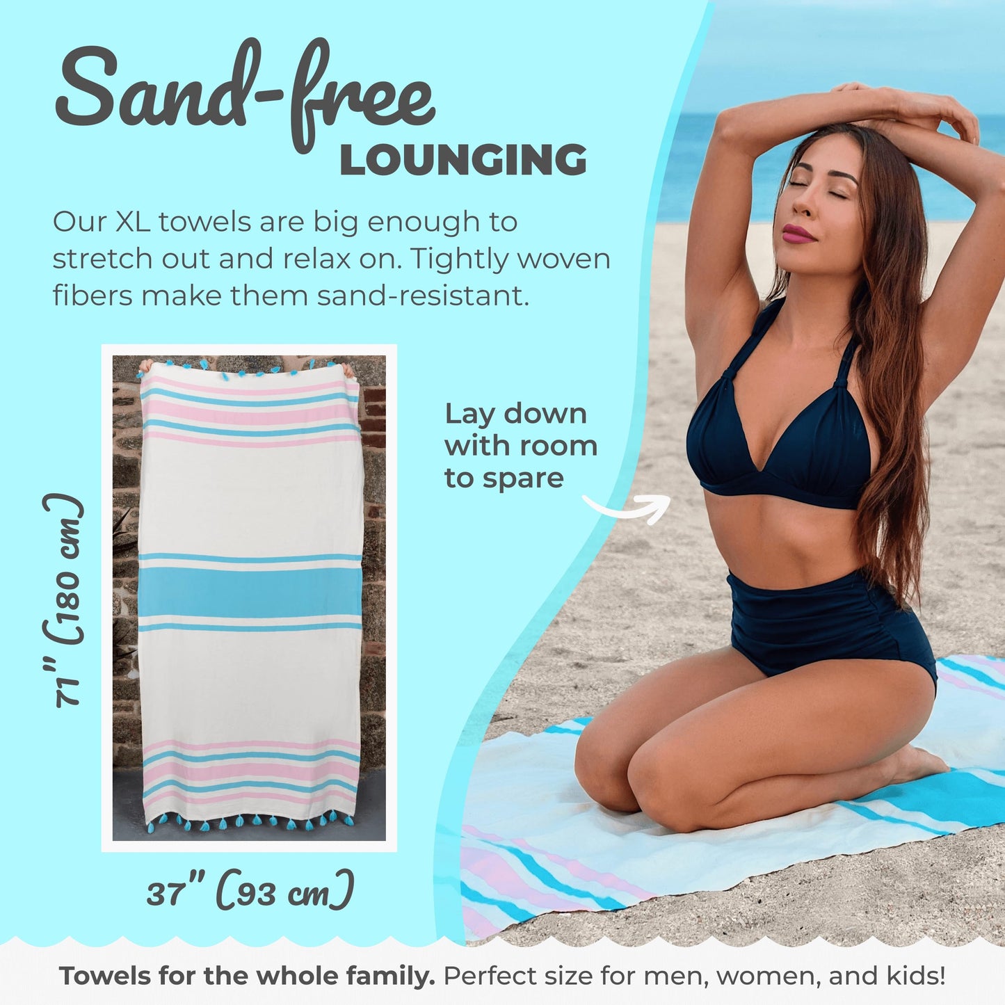 Nova Blue Turkish Beach Towel (37 x 71) - Pink Striped 100% Turkish Cotton - XL, Sand Resistant – Beach Blanket, Compact