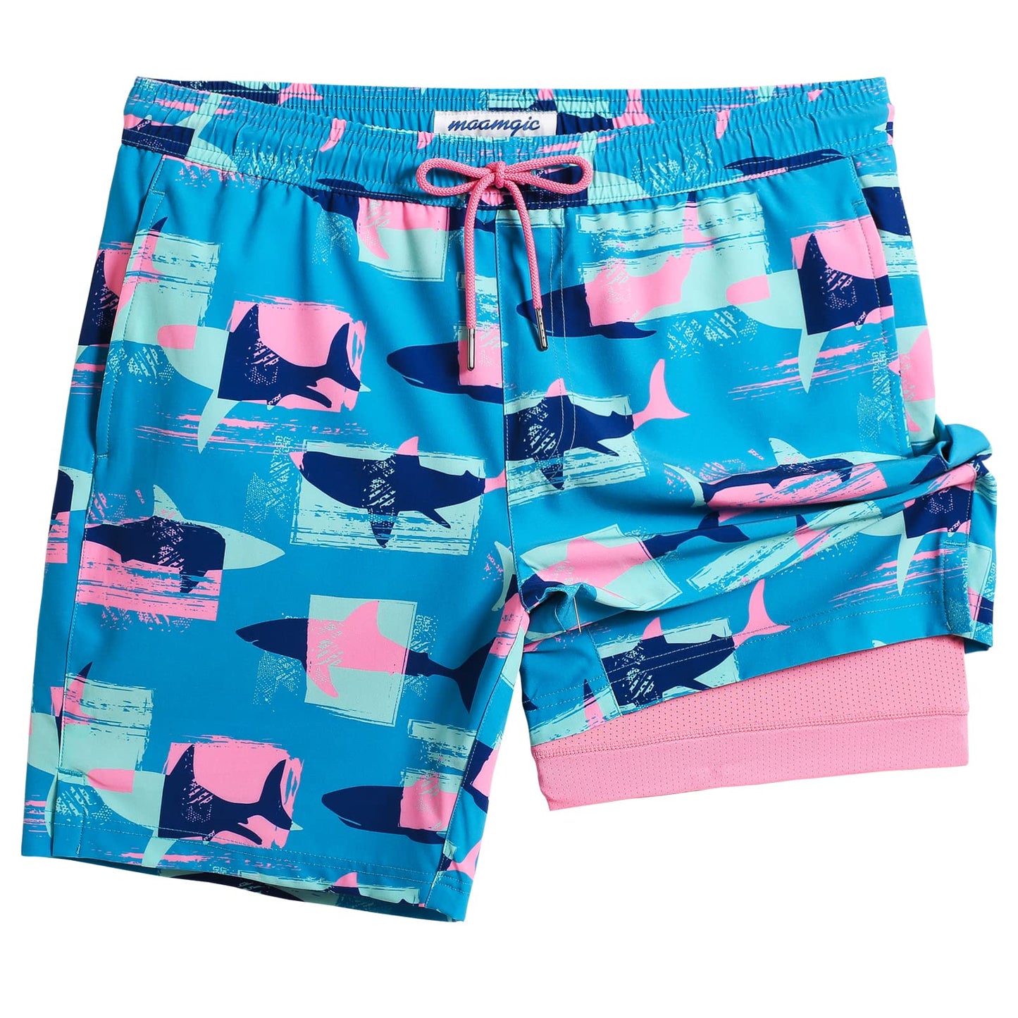 maamgic Mens Swim Trunks with Compression Liner 7 Inch Inseam Mens Bathing Suit Quick Dry Swimming Trunks Swimsuit Shark Blue Pink X-Large