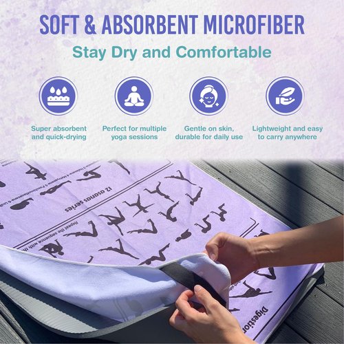 Yoga Towel Non Slip – Light Purple, Illustrated Yoga Poses, Absorbent Microfiber for Hot Yoga, Extra Long Quick-Drying Mat Towel, Full Mat Coverage, Ideal for Bikram, Vinyasa (LIGHT PURPLE)