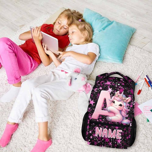 Kids Backpack, Custom Cute Unicorn Bookbag for Girls 6-8, Initial Gift for Birthday, 17 Inch Leisure Monogram Backpack for School Preschool Elementary Kindergarten