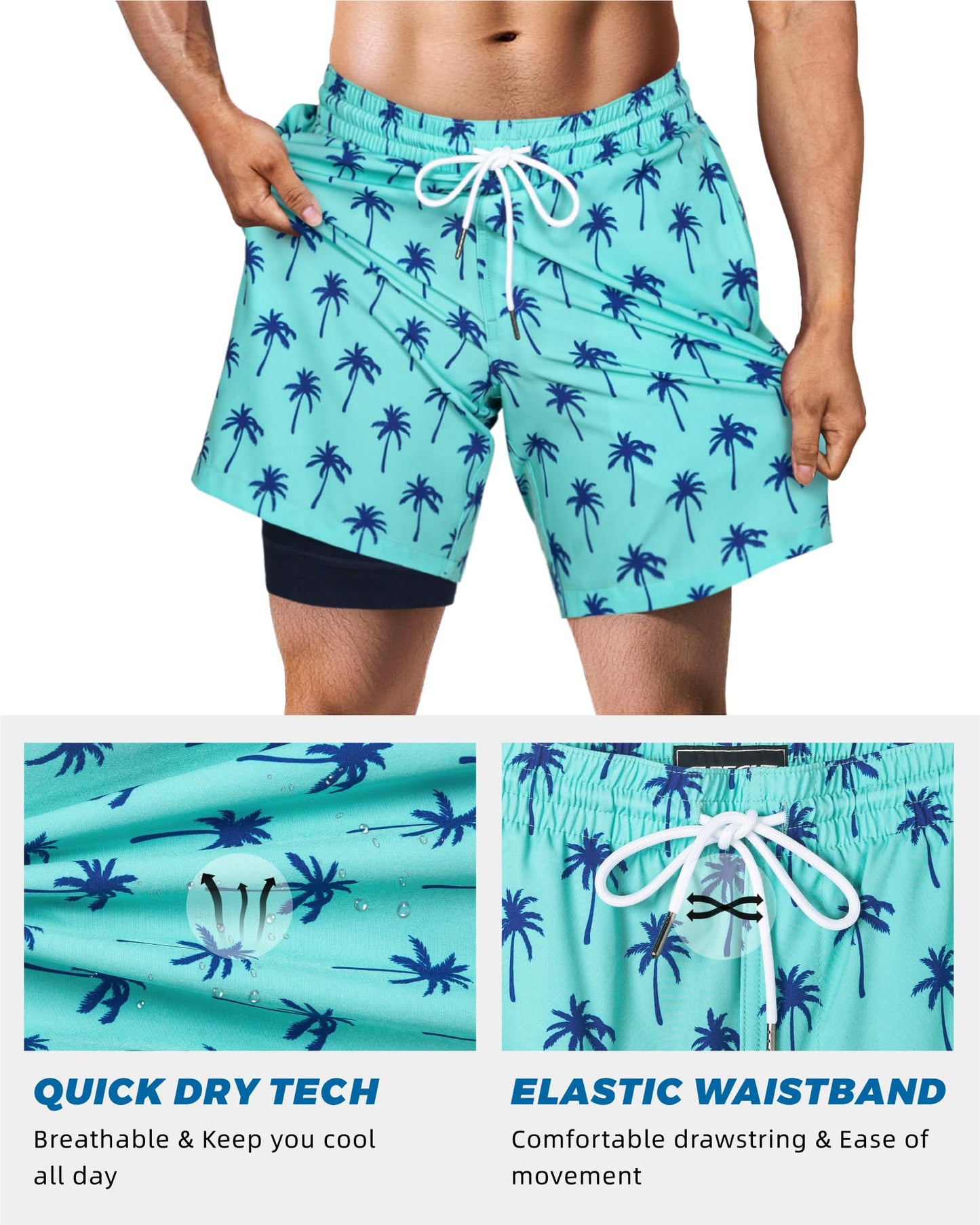 SURF CUZ Mens Swim Trunks with Compression Liner Quick Dry Swim Shorts 7" Swimming Trunks Stretch Zipper Pockets,Green Palm,XL