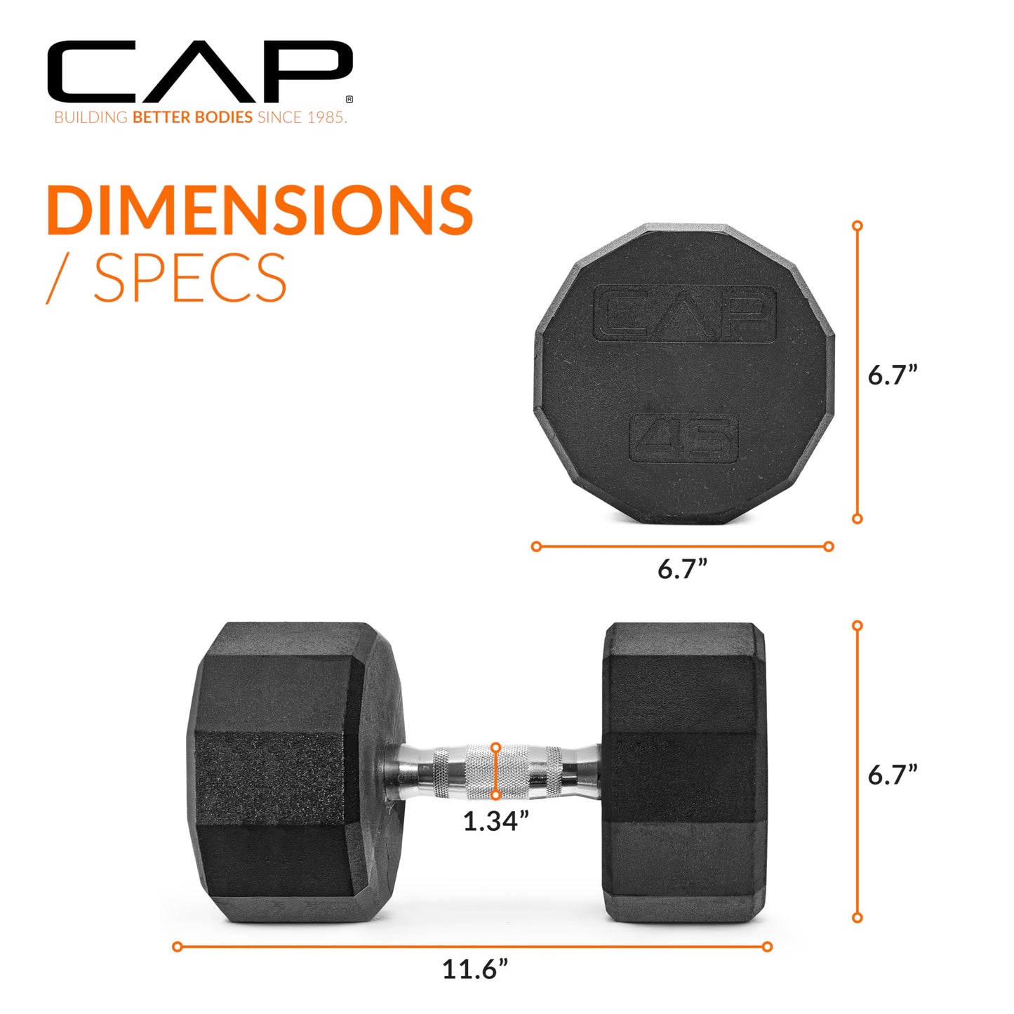 CAP 45 LB 12-Sided Rubber Coated Dumbbell Weight, Rubber Free Weights for Home Gym Strength Training, Chrome Handle, Pair