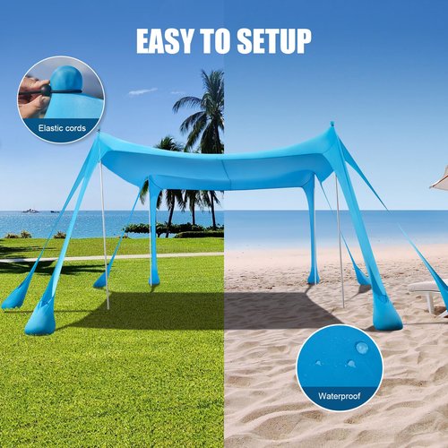 Beach Tent Sun Shelter, Beach Shade Canopy UPF50+, 10x10ft Canopy Tent with 8 Sandbags, Sand Shovels, Ground Pegs & Stability Poles, Pop Up Shade Tents for Beach, Camping, Fishing