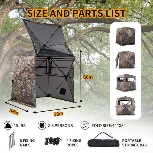FUNHORUN Hunting Blind 360 Degree See Through Ground Blind with Carrying Bag, 2/3 Person Pop Up Camouflage Tent Portable Concealed Shelter