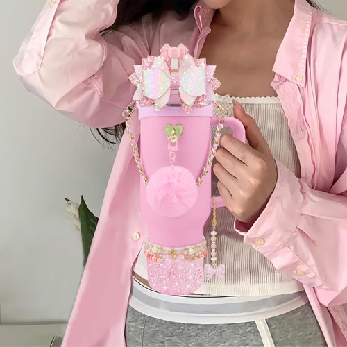 Hpebl 11PCS Accessories for Stanley Cup 40oz&30oz Tumbler Accessories Including Silicone Cute Pink Bow Straw Topper Cover Silicone Stanley Boot Leather Bottle Handle Strap Bracelet Y2K Pink Charms