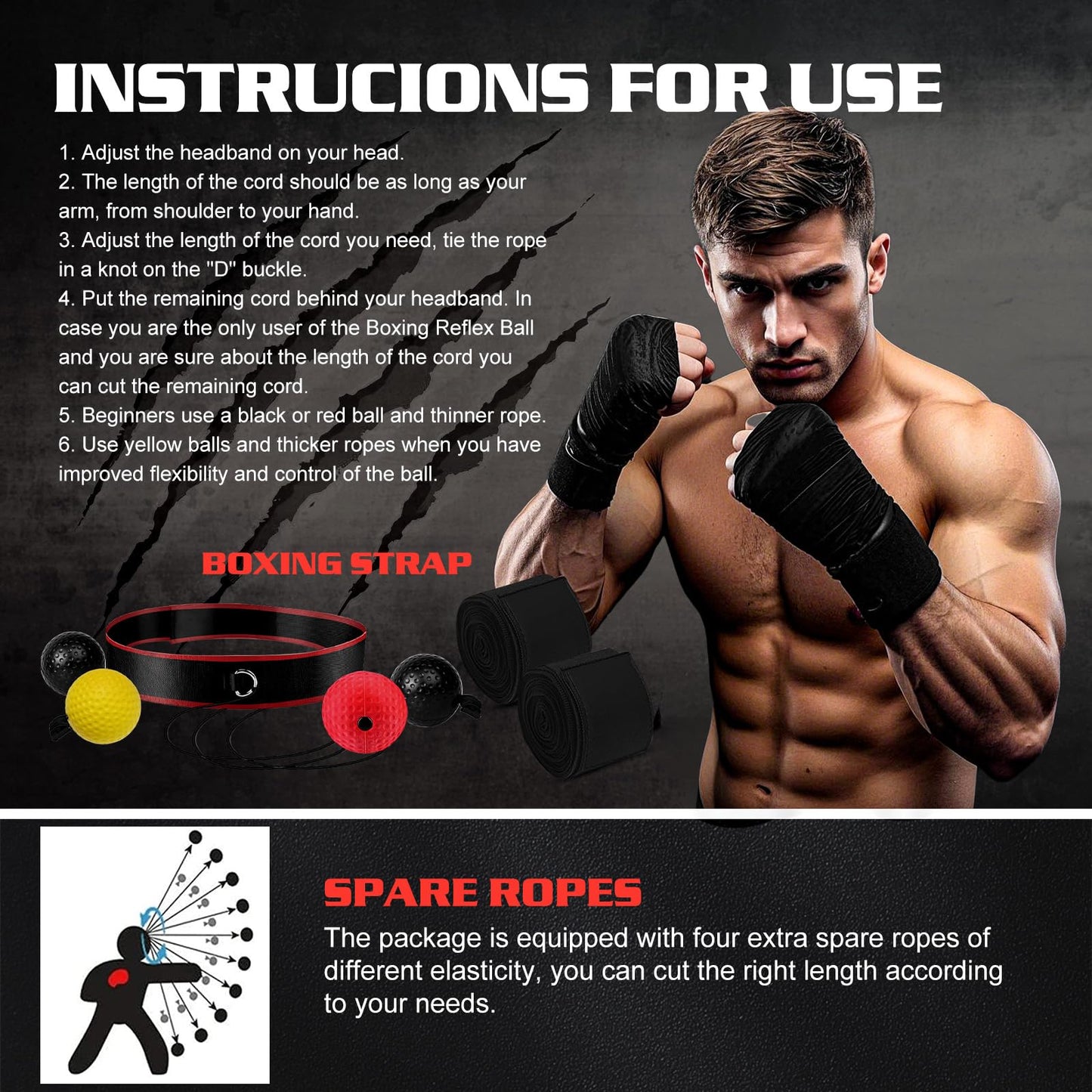 KTEBO® Boxing Reflex Ball Headband Set - Includes 4 Different Balls, 2 Adjustable Headbands and 2 Boxing Hand Wraps for Beginner Proficiency Improvement, Great Boxing Equipment