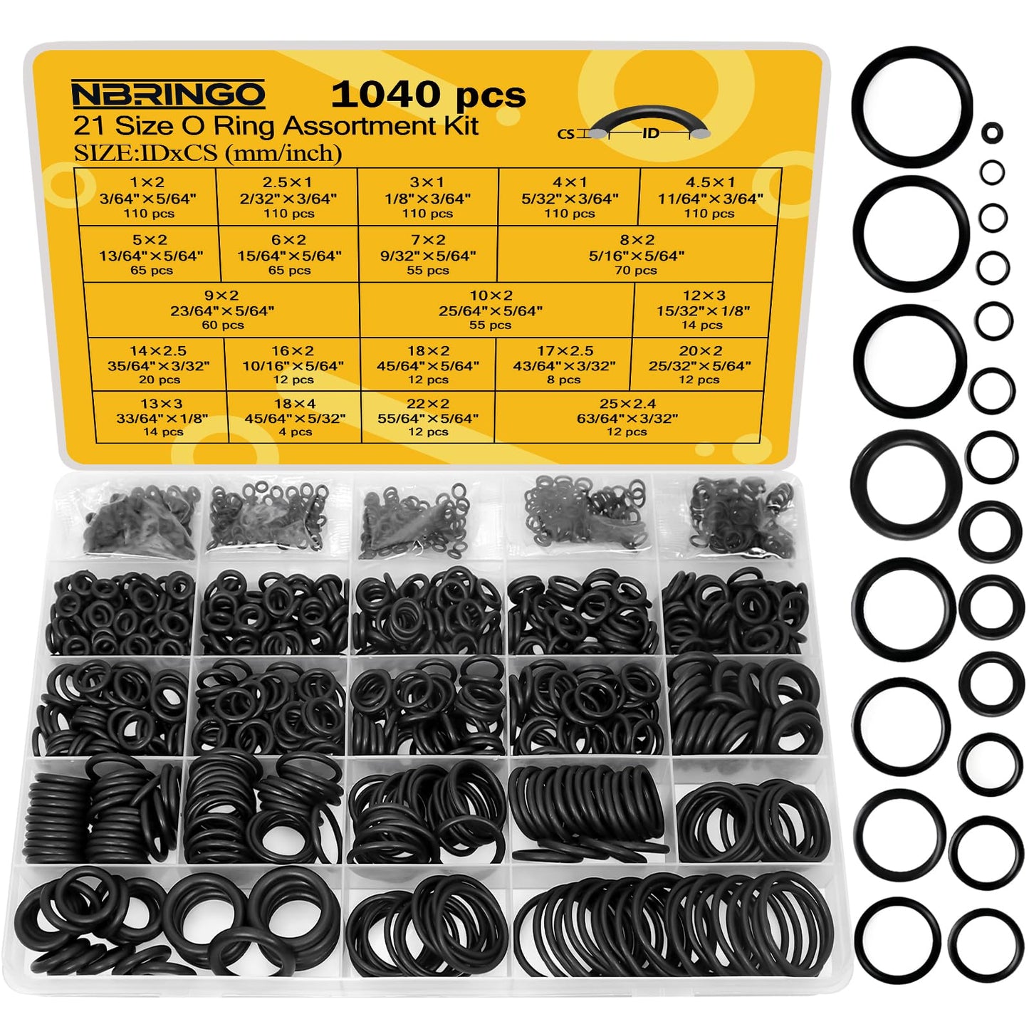 NBRINGO 1040 PCS 21 Size O Ring Assortment Kit, Industrial-Grade Nitrile Rubber O-Rings for Automotive Repairs, Kitchen Faucets, Pressure Washers and Assorted Plumbing - Durable & Oil Resistant