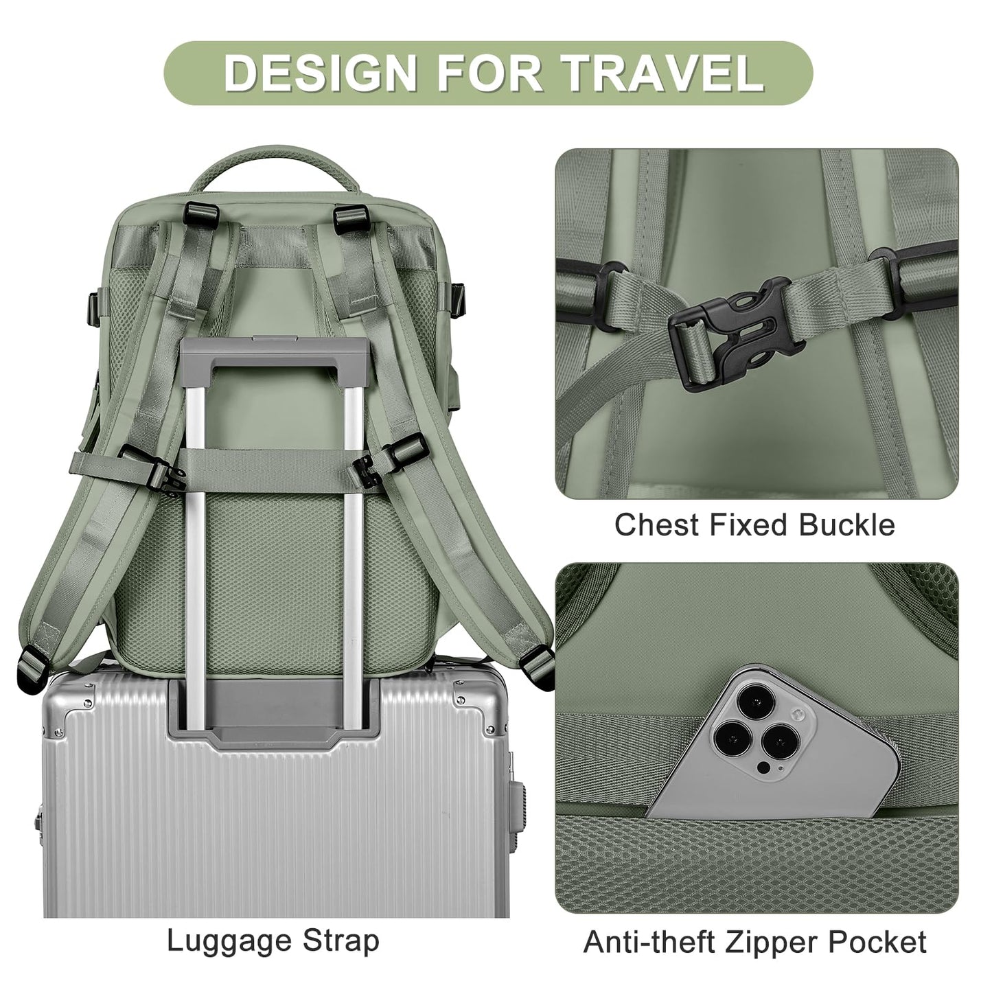coofay Travel Backpack For Women Men Airline Approved Carry On Backpack Flight Approved Waterproof Sports Luggage Backpack Casual Daypack Small Hiking Backpack Grey Green