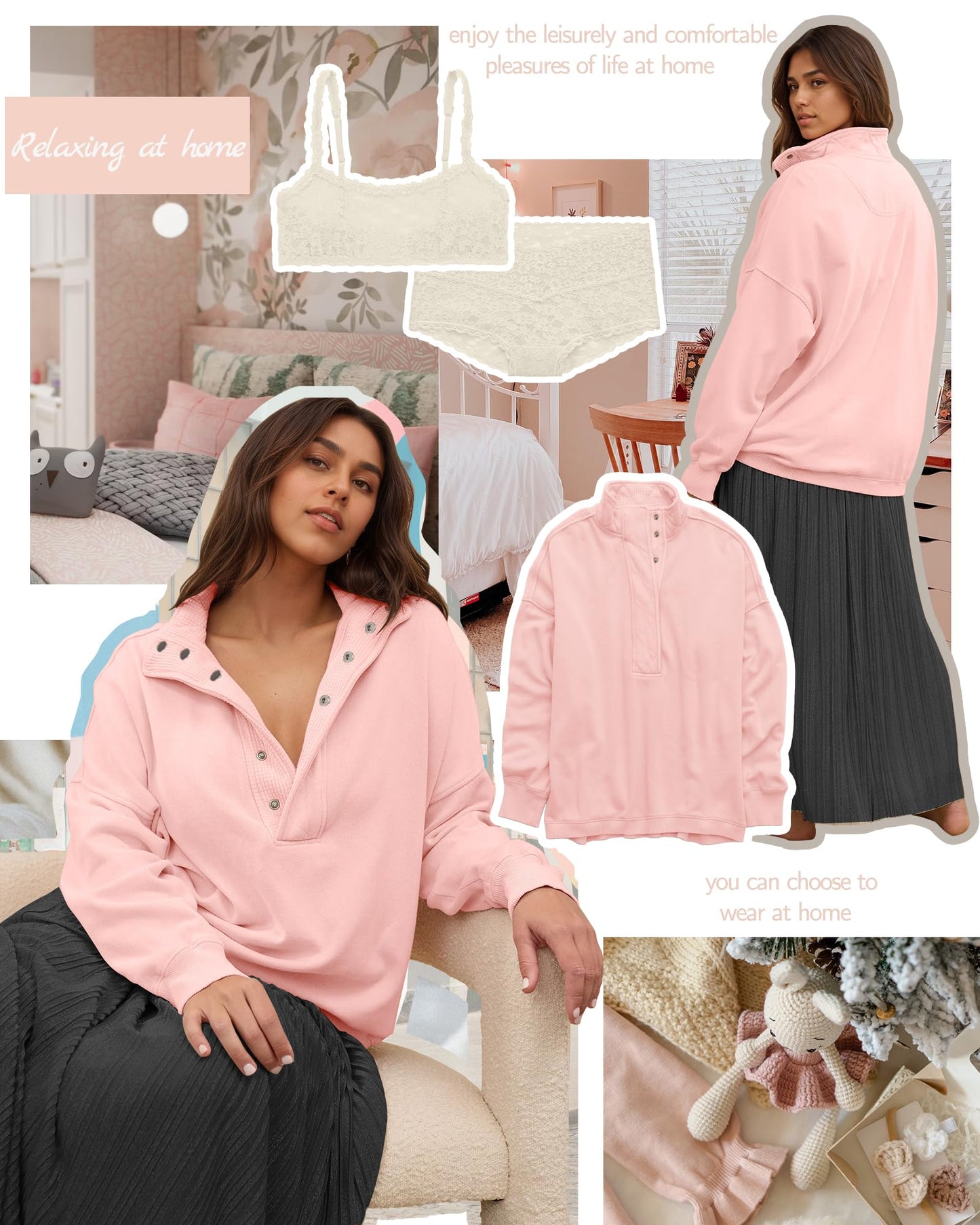 Gacaky Sweatshirt for Women Oversized Casual Long Sleeve Button Henley Neck Pullover Tops Fashion Outfits Clothes Pink X-Large