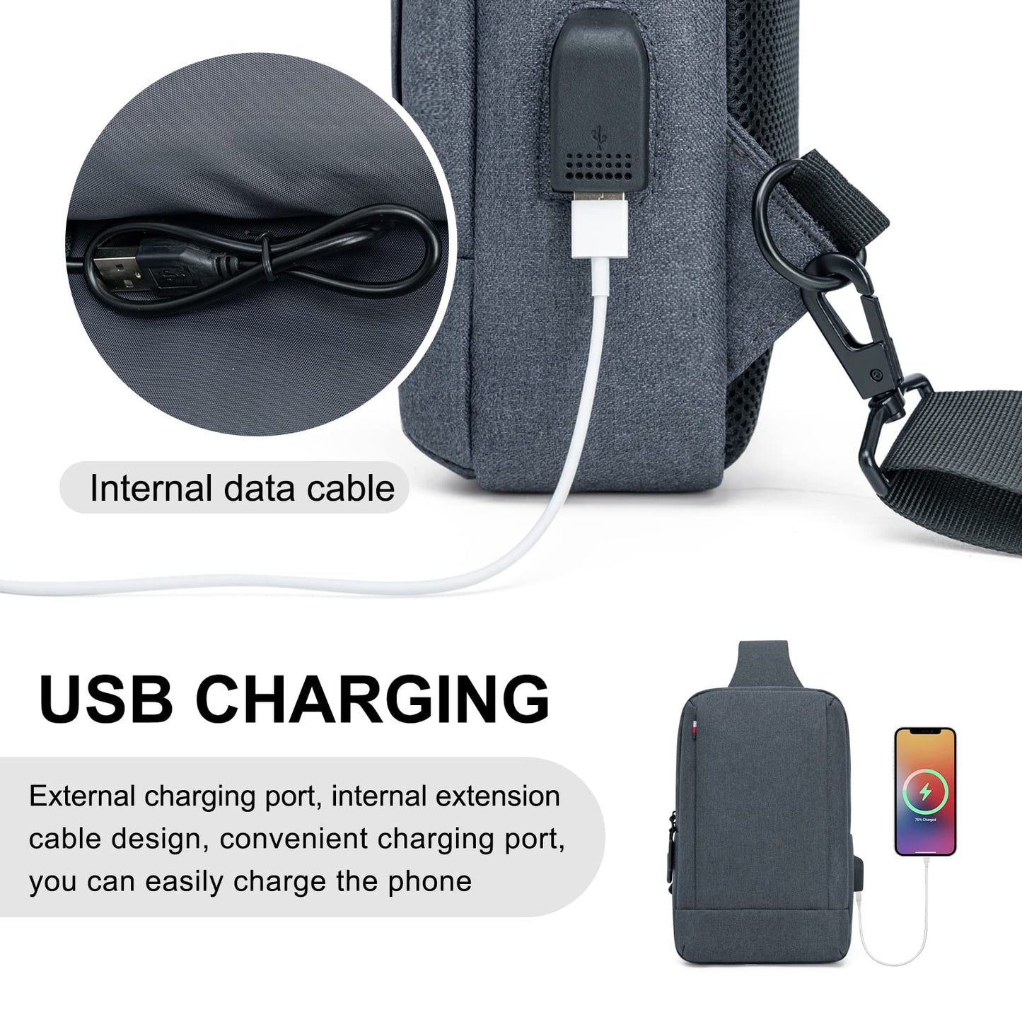 Sling Bag Crossbody Bag Men with USB Charging Port Small Messenger Bag Cross Body Shoulder Bag Sling Backpack Women with Adjustable Shoulder Strap (Oxford Cloth, Grey)