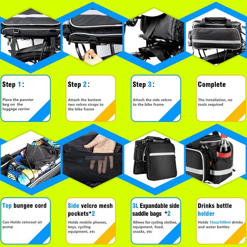 Desing Wish 16L Bike Bags for Bicycle Rear Rack Large Capacity Insulated Bicycle Rack Pouch Ebike Pannier Bag Bike Saddle Seat Pouch for Cycling Trip/Commuter (Black)