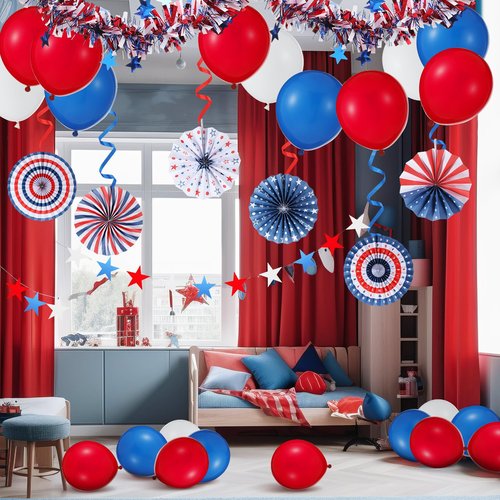 Threehoney 41 Pcs 4th of July Bike Decor Set for Kid Memorial Day Bicycle Patriotic Tinsel Garland Streamer Bow USA Flag Garland Ceil Fan Star Windmill Glasses Balloon for Parade Party Favor