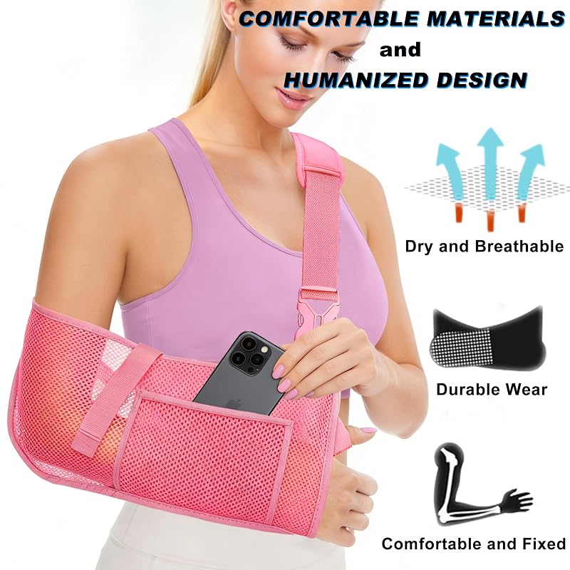 Mesh Arm Sling Shoulder Immobilizer for Rotator Cuff Injury, Reversible Left/Right, Breathable Adjustable Support (Pink, Medium)