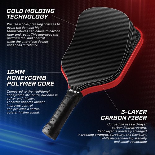 Dinkly Raw Carbon Pickleball Paddles Set of 4, T700 Carbon Fiber Rackets with 16MM Honeycomb Polymer Core, 4 Balls and 1 Portable Carry Bag, USAPA Approved Pickleball Set for Men, Women, Red & Blue