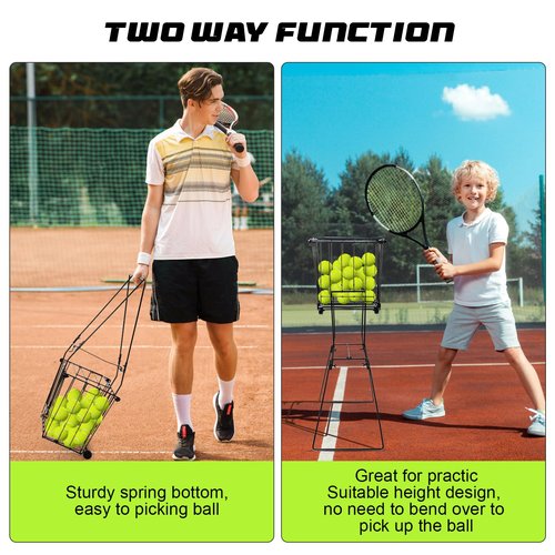 Portable Pickleball Tennis Ball Collector with Wheel, 90 Tennis Balls Capacity, Pickleball Retriever Basket Carrier Gatherer Picker Hopper Container