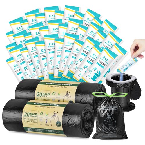 BLIKA 40pc Camping Toilet Bags Eco Absorbent Gel Set, Drawstring Portable Toilet Bags with Gel, 8 Gallon (30L) Heavy Duty 1.97 Mil, Toilet Replacement Bag with Toilet Powder for Camping Outdoor Hiking