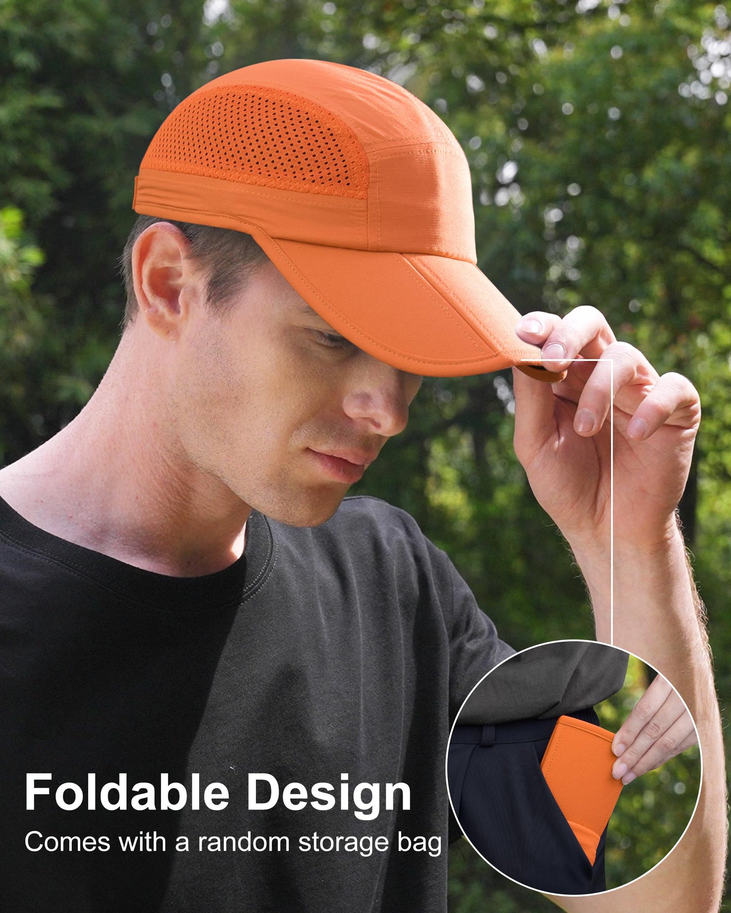 GADIEMKENSD Men Folding Running Hats Long Brim Golf Hat Dry Fit Ball Caps Unstructured Breathable Lightweight SPF 50 Cooling Cap for Outdoor Sport Hiking Workout Gym Tennis Orange