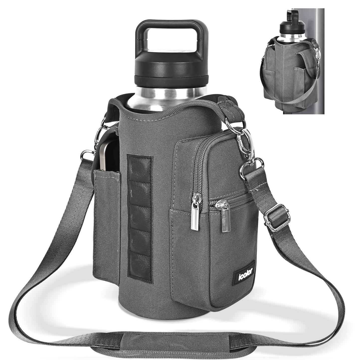 icolor Magnetic Gym Bag Water Bottle Carrier Holder with Phone Pockets & Strap,Nylon Gym Magnetic Bag 5 Built-in Magnets Gym Accessories Organizer Bottle Pouch Sleeve for Men Women (Light Gray)