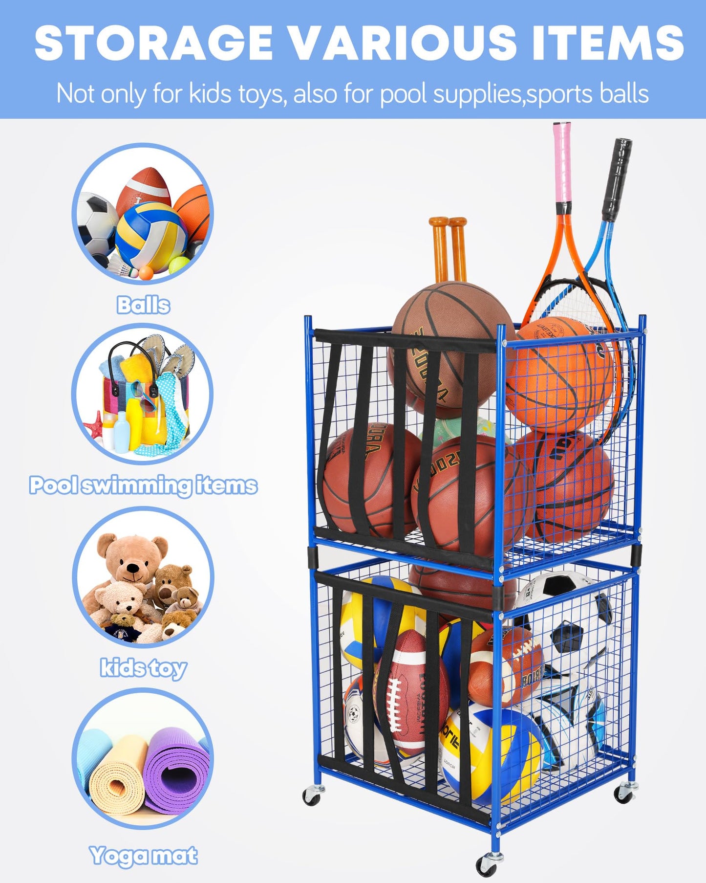 Mythinglogic Rolling Sports Ball Storage Cart, Sports Lockable Ball Storage Locker with Casters, Stackable Ball Cage for Garage Storage Garage Organizer (2 Pack Blue)