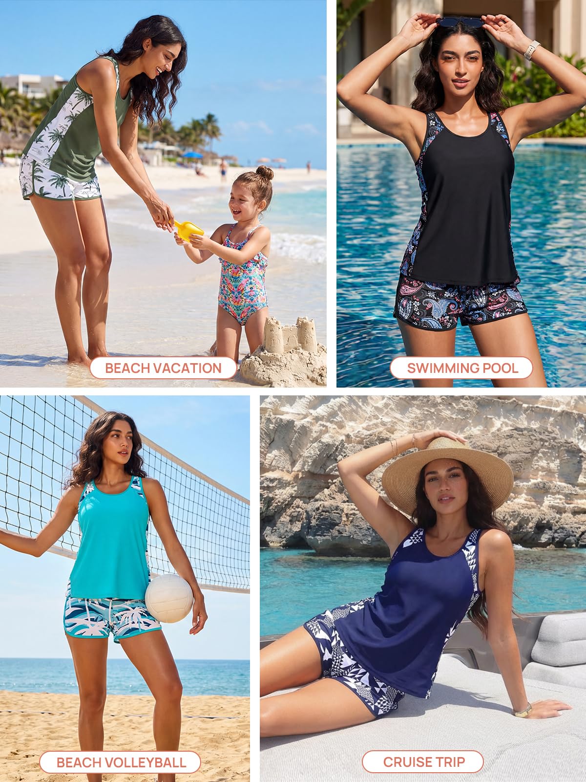 Summer Mae Blouson Tankini Swimsuits for Women 2026 Tummy Control Two Piece Bathing Suits with Sporty Pockets Swim Shorts Blue Shadow Palm Size 16