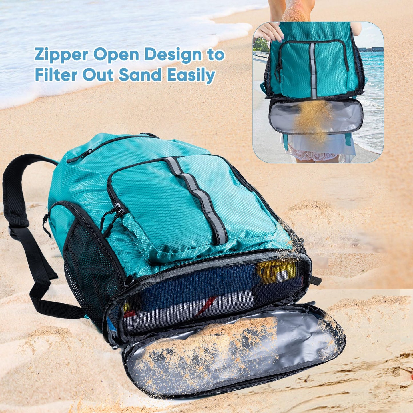 VIGEGARI Large Beach Backpack Waterproof Sandproof - Customized Oversized Drawstring Pool Bag with Shoe Compartment for Toiletries, Towels, Gym, Travel