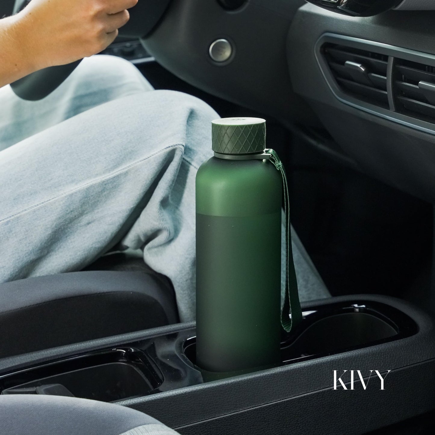 KIVY Slim Water Bottle 32oz [Lightweight & Shatterproof Tritan] Fits Backpack & Cupholder for Travel, Sports, School, Gym - Clear water bottle with measurements - Transparent Beige - Dishwasher Safe